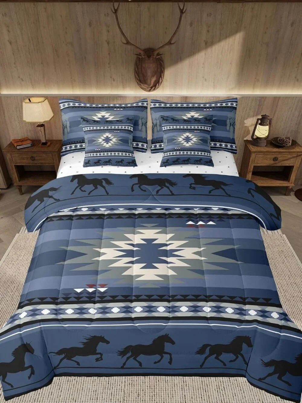 Blue Rustic Western Comforter Set with Sheets Southwestern Aztec 7 Piece Bedding